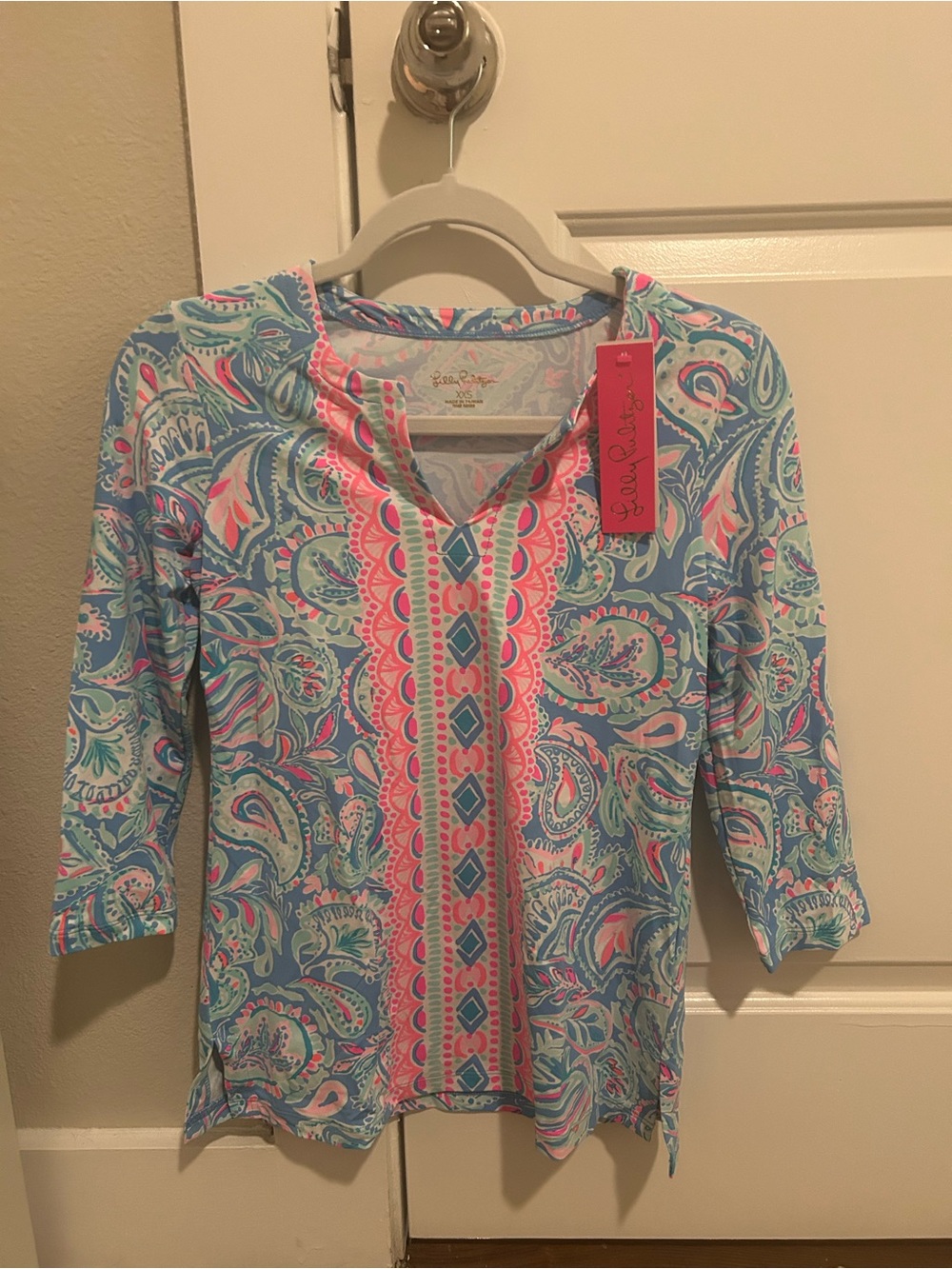 Lilly Pulitzer Blue and Pink Paisley V-Neck Tunic Top